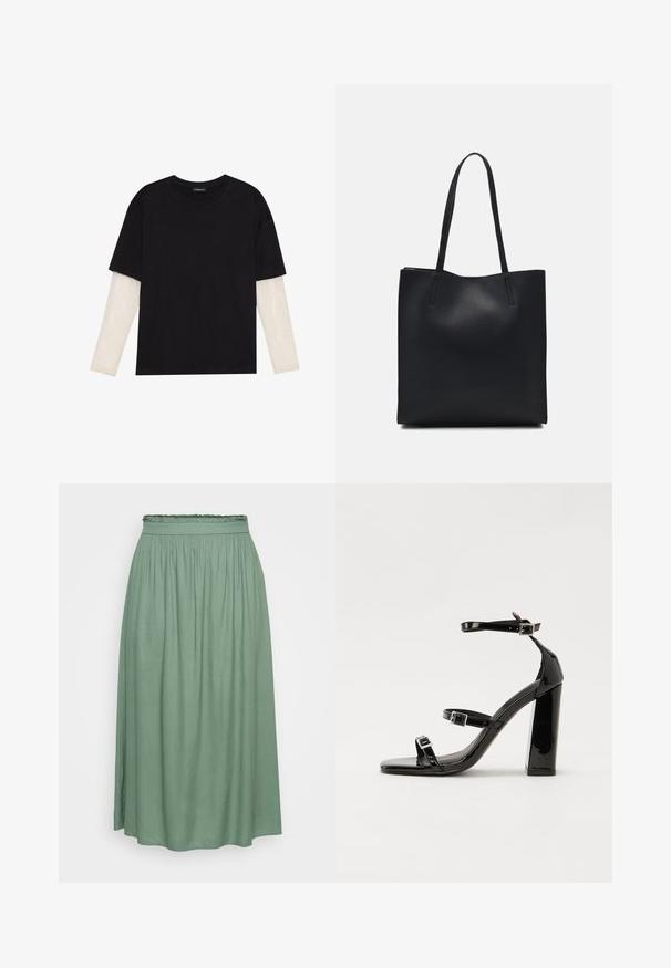 Fekete pamut póló, rövid ujjal, fehér hosszú ujjú réteg fölött, finom textúrával. Kerek nyakkivágású dizájn.; Zöld midi szoknya, gumírozott derékpánttal, sima textúrával és folyékony fazonnal, enyhe A-vonalú alakja van, minták nélkül.; Fekete lakk magas sarkú szandál négyzet alakú orral, bokapántokkal és ezüst csatokat tartalmaz. Masszív blokk sarka a stabilitásért felel.; Fekete bőrtáska sima felszínnel, téglalap alakú, két hosszú füllel. Nincs látható fémkiegészítő vagy díszítés.