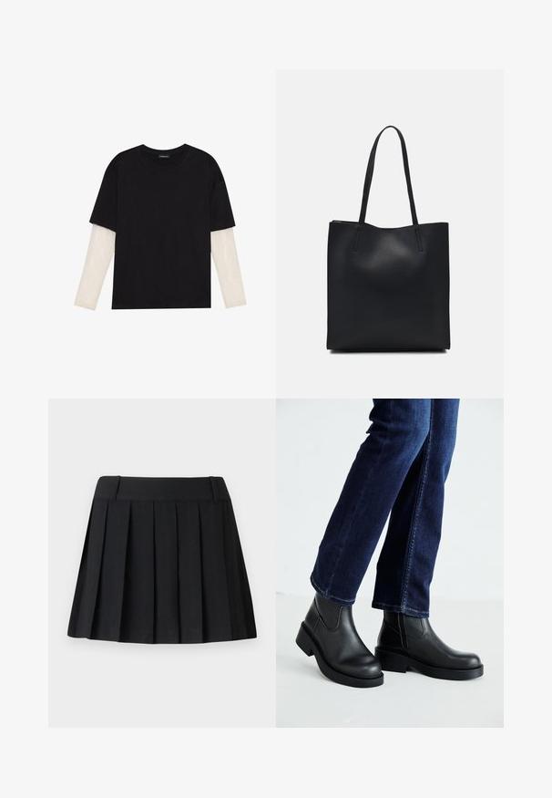 Svart T-skjorte laget av bomull, med korte ermer over et hvitt langermet lag med en subtil teksturert mønster. Rund hals design.; Svart plissé skjørt med en skreddersydd liv, laget av lett stoff. Har jevnt fordelte folder og et enkelt, rent design.; Sorte lær ankelsko med en kraftig såle og elastiske paneler på siden, kombinert med mørkeblå jeans. Underlaget er lyst.; Svart lær tote bag med glatt tekstur, rektangulær form og to lange håndtak. Ingen synlige deler eller dekorasjoner.