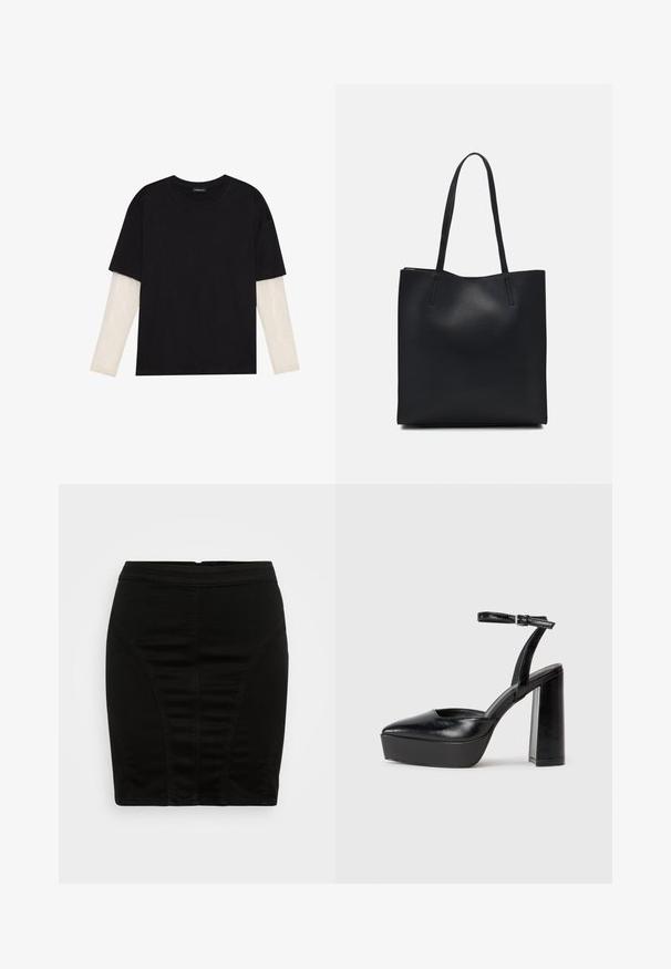 Crni majica od pamuka, s kratkim rukavima preko bijele dugorukave slojevite s suptilnim teksturiranim uzorkom. Dizajn s okruglim izrezom.; Crna jeans suknja olovka s prilagođenim dizajnom, koja sadrži vertikalne šavove i pojas srednjeg rasta za pravo siluetu.; Crne platforme s potpeticom s oštrim vrhom i podešivom naramenicom. Izrađene od glatke kože, s masivnom blok petom.; Crna kožna torba za nošenje s glatkom teksturom, pravokutnim oblikom i dvije duge ručke. Nema vidljivih metalnih dijelova ili ukrasa.