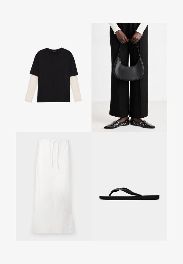 Black T-shirt made of cotton, featuring short sleeves over a white long-sleeve layer with a subtle textured pattern. Crew neckline design.; White linen maxi skirt with an elastic waistband and drawstring. Smooth texture, straight silhouette, and knee-length cut.; Black rubber flip-flop sandal with a textured thong strap and simple flat sole, shown from side on a plain light background.; Black leather shoulder bag with a rounded shape, glossy finish, and silver hardware. Person wearing black wide-leg pants and studded loafers.