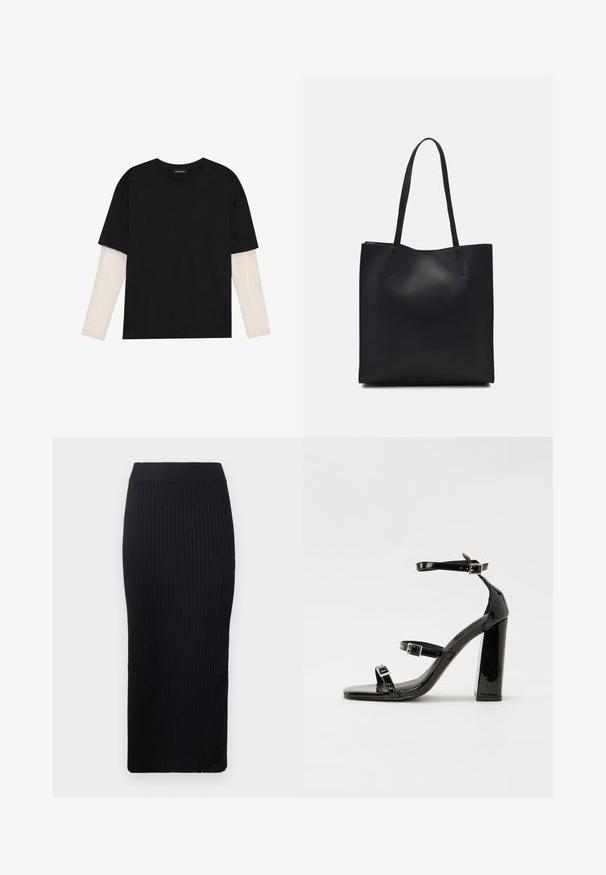 Black T-shirt made of cotton, featuring short sleeves over a white long-sleeve layer with a subtle textured pattern. Crew neckline design.; Black ribbed midi skirt, featuring a fitted silhouette, wide waistband, and textured fabric. Smooth finish, no visible patterns or accents.; Black patent heeled sandals with a square toe, ankle straps, and silver buckles. Features a chunky block heel for stability.; Black leather tote bag with smooth texture, rectangular shape, and two long handles. No visible hardware or embellishments.