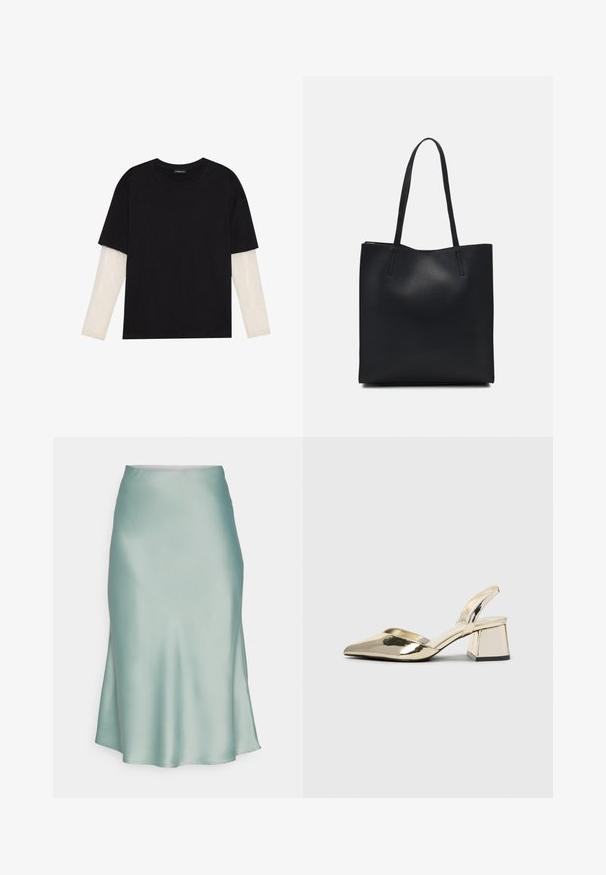 Melna kokvilnas T-kreklu ar īsām piedurknēm, virs baltas garām piedurknēm ar smalku teksturētu rakstu. Apaļas kakla izgriezuma dizains.; Svaigi zaļš satīna svārki ar gludu tekstūru, elegantu siluetu un nelielu šķēlumu vienā pusē. Nav redzamu fiksējošu elementu vai rakstu.; Zeltaini, metāla kurpes ar siksniņām, norakans purngalis un masīla papēdis. Gluda tekstūra, minimālisma dizains un šaura siksna.; Melnas ādas somiņa ar gludu tekstūru, taisnstūra formu un divām garām rokturiem. Nav redzamu aparatūras vai rotājumu.; Zelta riņķa auskari ar gludu, noapaļu dizainu. Plāni un viegli, ar nepārtrauktu cilpu bez jebkādām rotājumām.