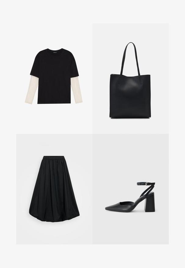 Melna kokvilnas T-kreklu ar īsām piedurknēm, virs baltas garām piedurknēm ar smalku teksturētu rakstu. Apaļas kakla izgriezuma dizains.; Melnas potīšu garuma svārki, izgatavoti no viegla auduma, ar elastīgu jostasvīru un sakrājumus, ar gludu tekstūru un apjomīgu formu.; Melna ādas augstpapēžu kurpe ar norakstīto purngala formu, potītes siksniņu un masīlu papēdi. Gluda tekstūra, elegants dizains un minimālisma estētika.; Melnas ādas somiņa ar gludu tekstūru, taisnstūra formu un divām garām rokturiem. Nav redzamu aparatūras vai rotājumu.