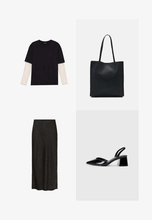Black T-shirt made of cotton, featuring short sleeves over a white long-sleeve layer with a subtle textured pattern. Crew neckline design.; Black, floor-length skirt made of textured fabric. Features a smooth waistband, slight drape, and minimal design without additional details.; Black patent leather slingback heels with a pointed toe and a geometric block heel. Features a sleek, minimal design and smooth texture.; Black leather tote bag with smooth texture, rectangular shape, and two long handles. No visible hardware or embellishments.