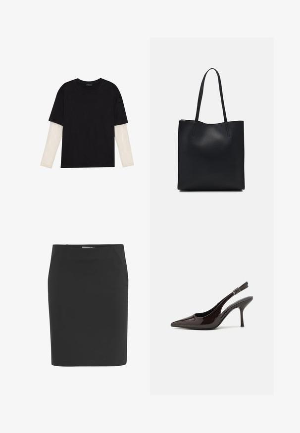 Črna majica iz bombaža s kratkimi rokavi, ki pokriva belo dolgi rokav z subtilnim teksturiranim vzorcem. Oblika izrezanega vratu.; Črna svila krila iz gladkega blaga, ki ima prilegajoč se kroj z obročem in dolžino do kolen. Brez vidnih vzorcev ali dodatkov.; Slingback visoke pete v sijajni temno rjavi lak koži, koničastim nosom, odprtimi stranmi in nastavljivim gležnjenčkim trakom.; Črna usnjena torba s svilnato teksturo, pravokotne oblike in dvema dolgima ročajema. Brez vidnih metalnih delov ali okrasnih elementov.