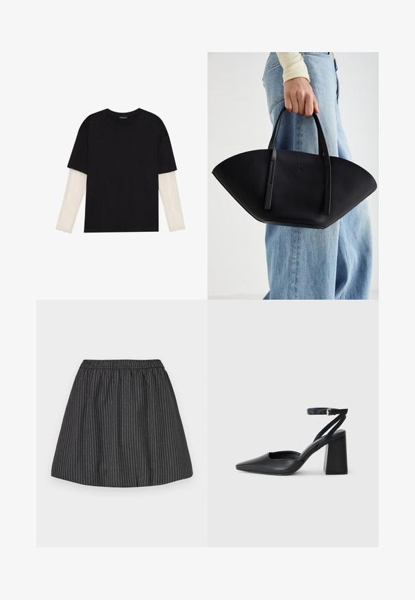 Melna kokvilnas T-kreklu ar īsām piedurknēm, virs baltas garām piedurknēm ar smalku teksturētu rakstu. Apaļas kakla izgriezuma dizains.; Melna svītraina svārku ar elastīgu jostasvietu, ar vertikālām baltām svītrām, izteiksmīgu dizainu un gludu tekstūru. Piemērota ikdienas nēsāšanai.; Melna ādas augstpapēžu kurpe ar norakstīto purngala formu, potītes siksniņu un masīlu papēdi. Gluda tekstūra, elegants dizains un minimālisma estētika.; Melnas ādas rokassoma ar unikālu ventilatora formu, aprīkota ar plakaniem rokturiem. Virsma ir ar graudainu faktūru un minimālistisku dizainu.