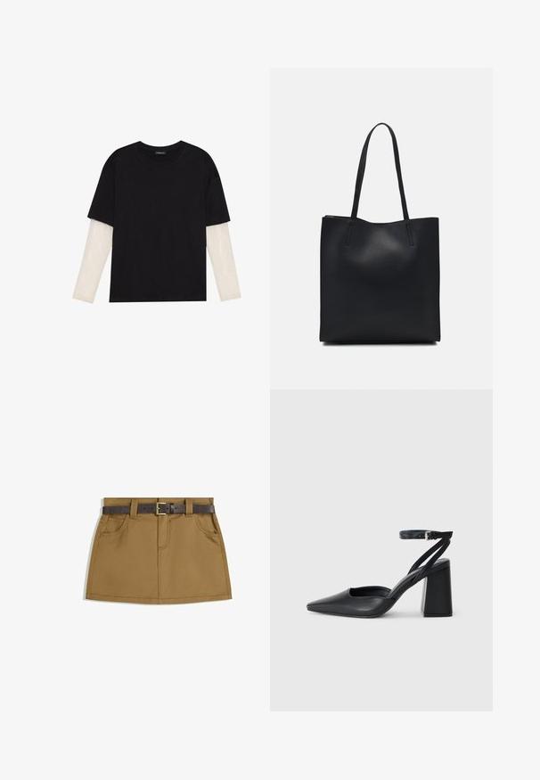 Czarny T-shirt wykonany z bawełny, z krótkimi rękawami na białej warstwie z długim rękawem z delikatnym teksturowanym wzorem. Projekt z okrągłym dekoltem.; Brąskowa spódnica jeansowa z ciemnobrązowym paskiem z metalową klamrą, dwoma przednimi kieszeniami oraz prostym, lekko rozszerzanym krojem.; Czarne skórzane czółenka z ostrym noskiem, z paskiem na kostce i grubym obcasem. Gładka faktura, elegancki design i minimalistyczna estetyka.; Czarna skórzana torba tote o gładkiej fakturze, prostokątnym kształcie i dwóch długich uchwytach. Brak widocznych elementów metalowych i ozdób.