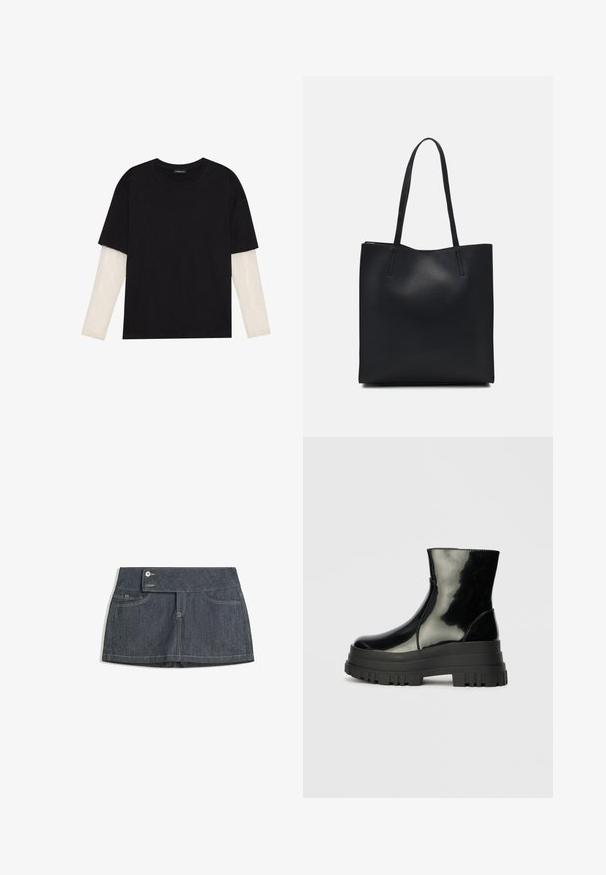 Fekete pamut póló, rövid ujjal, fehér hosszú ujjú réteg fölött, finom textúrával. Kerek nyakkivágású dizájn.; Sötét farmer szoknya magas derékkal, két elülső zsebbel, gombos záródással és kontrasztos varrással az élek mentén.; Fekete fényes boka csizma vastag bordázott talppal és kerek orral, oldalnézet világos szürke háttér előtt.; Fekete bőrtáska sima felszínnel, téglalap alakú, két hosszú füllel. Nincs látható fémkiegészítő vagy díszítés.