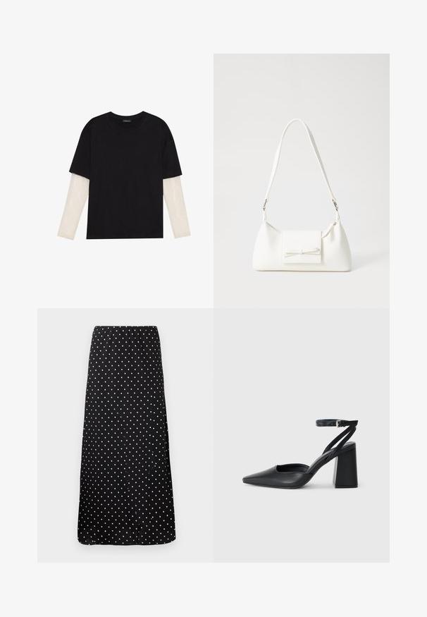 Fekete pamut póló, rövid ujjal, fehér hosszú ujjú réteg fölött, finom textúrával. Kerek nyakkivágású dizájn.; Fekete maxi szoknya apró fehér pöttyökkel és rugalmas derékkal, egyenes vonalú, sima fehér háttér előtt bemutatva.; Fekete bőr, hegyes orrú magassarkú cipő boka pánttal és vastag sarokkal. Sima textúra, elegáns dizájn és minimális esztétika.; Fehér szintetikus kézitáska, háromszög alakú, lapos előlap, masni részlettel, állítható pánttal, sima textúrával és minimalista dizájnnal.