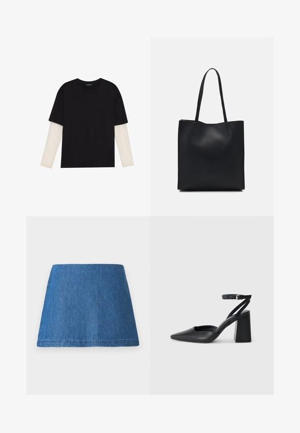 Črna majica iz bombaža s kratkimi rokavi, ki pokriva belo dolgi rokav z subtilnim teksturiranim vzorcem. Oblika izrezanega vratu.; Denim mini krilo v srednjem modrem odtenku, s klasično A-linijo, čistim robom in brez vidnih okrasnih elementov ali vzorcev.; Črne usnjene klasične čevlje z ostrim nosom, z zaponko za gleženj in debelim peto. Ravna tekstura, eleganten dizajn in minimalistična estetika.; Črna usnjena torba s svilnato teksturo, pravokotne oblike in dvema dolgima ročajema. Brez vidnih metalnih delov ali okrasnih elementov.