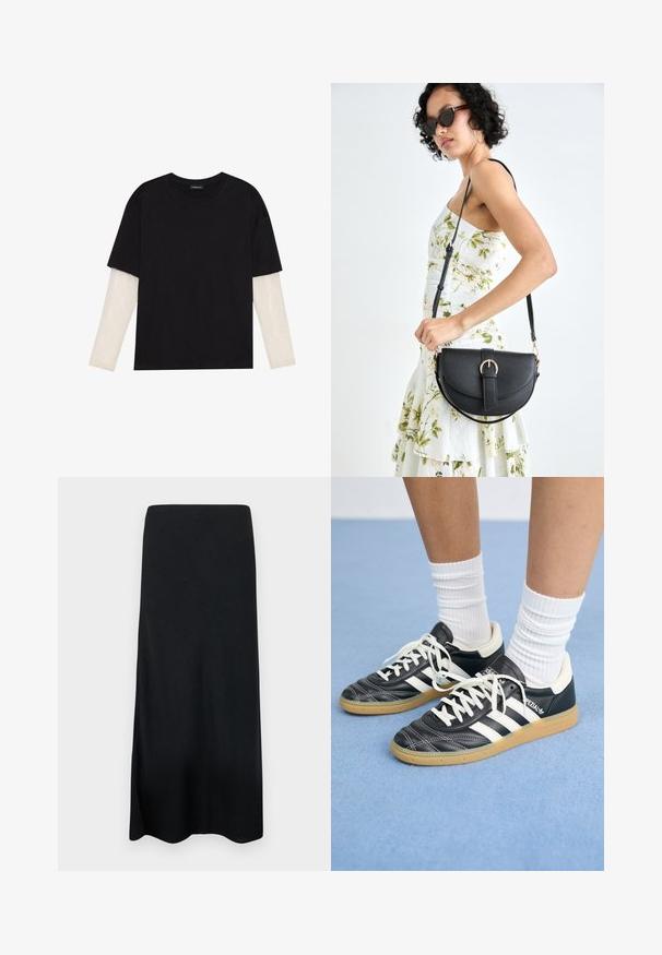 Fekete pamut póló, rövid ujjal, fehér hosszú ujjú réteg fölött, finom textúrával. Kerek nyakkivágású dizájn.; Fekete maxi szoknya sima anyagból, egyenes sziluettel és oldalsó hasítékkal. Nincsenek minták vagy egyéb részletek.; Fekete bőr sportcipők fehér csíkokkal, kerek orral, fehér fűzővel és gumírozott talppal. Párnázott bokarész és márkajelzések emelik ki.; Fekete bőrtáska ívelt formával, levehető pánttal és arany színű fémrészekkel. A táskán egy csattal díszített fedél található.