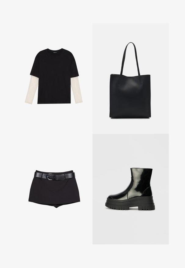 Czarny T-shirt wykonany z bawełny, z krótkimi rękawami na białej warstwie z długim rękawem z delikatnym teksturowanym wzorem. Projekt z okrągłym dekoltem.; Czarne szorty o gładkiej fakturze, z szerokim czarnym paskiem i srebrną klamrą, skrojone w dopasowanym kroju z lekko podwyższonym stanem.; Czarne błyszczące botki sięgające kostki z grubą podeszwą i zaokrąglonym czubkiem, widok z boku na jednolity jasnoszary tle.; Czarna skórzana torba tote o gładkiej fakturze, prostokątnym kształcie i dwóch długich uchwytach. Brak widocznych elementów metalowych i ozdób.