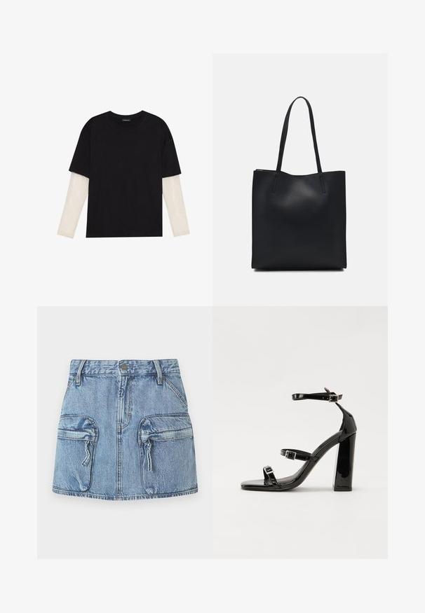 Svart T-skjorte laget av bomull, med korte ermer over et hvitt langermet lag med en subtil teksturert mønster. Rund hals design.; Blå denim mini-skjørt med to store frontlommer med klaff, glidelås og beltehemper i midjen.; Svart høyglans sandaler med hæl, firkantet tå, ankelremmer og sølvspenner. Har en kraftig blokkhæl for stabilitet.; Svart lær tote bag med glatt tekstur, rektangulær form og to lange håndtak. Ingen synlige deler eller dekorasjoner.
