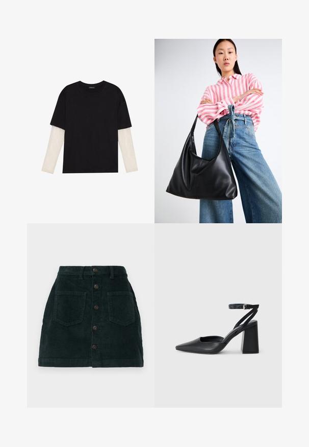 T-shirt preta de algodão, com mangas curtas sobre uma camada de mangas longas branca com um padrão texturizado subtil. Design de decote redondo.; Saia de veludo cotelê verde escura com frente de botões, dois bolsos frontais e um acabamento texturizado. Cinta lisa com passantes para cinto.; Sandal com biqueira afilada em couro preto, com cinta no tornozelo e salto grosso. Textura lisa, design elegante e estética minimalista.; Bolsa de ombro em couro preto com uma forma descontraída e detalhes costurados. O modelo usa uma camisa listrada em rosa e branco com jeans de perna larga azul.