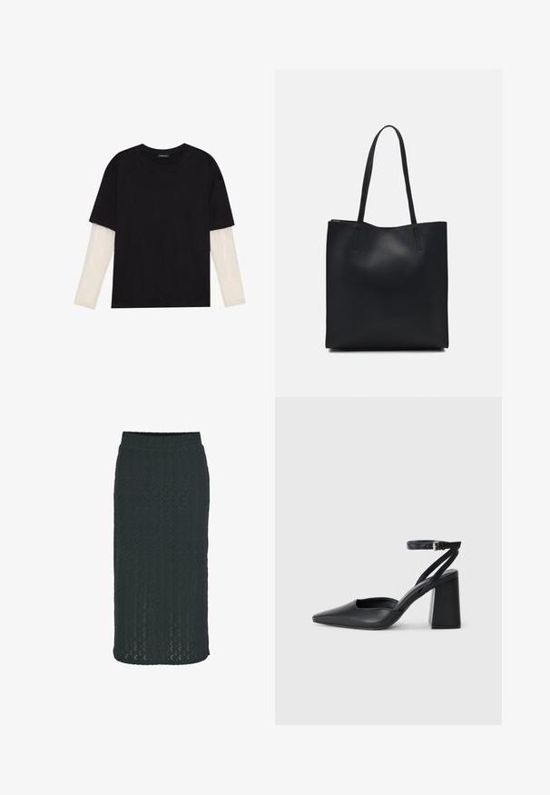 T-shirt preta de algodão, com mangas curtas sobre uma camada de mangas longas branca com um padrão texturizado subtil. Design de decote redondo.; Saia lápis até ao joelho em verde escuro, confeccionada em tecido de malha texturizada com um padrão geométrico e cintura elástica para maior conforto.; Sandal com biqueira afilada em couro preto, com cinta no tornozelo e salto grosso. Textura lisa, design elegante e estética minimalista.; Bolsa tote preta em couro com textura lisa, forma retangular e duas alças longas. Sem hardware ou enfeites visíveis.