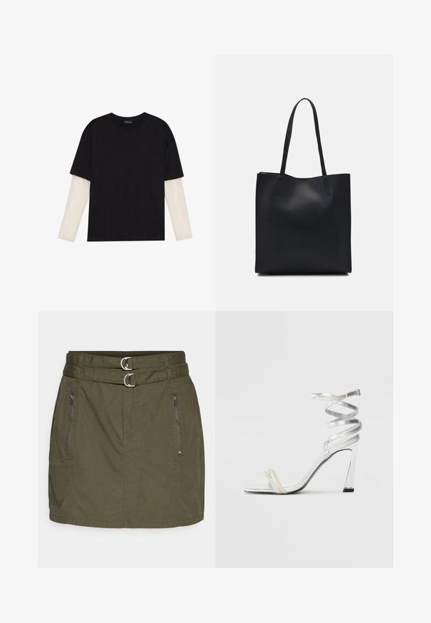 Juodas medvilninis marškinėliai su trumpomis rankovėmis, virš baltos ilgo rankovio sluoksnio, turinčio subtilų tekstūrinį raštą. Apvalus iškirpimas.; Alyvuogių spalvos sijonas su juostos, kurioje yra dvi sidabrinės žiedinės detalės, dvi užtrauktukais užsegamos šoninės kišenės ir tiesus, pritaikytas dizainas.; Sidabrinė aukšto kulno sandalai su blizgiu diržo dizainu, featuring perlo panašus akcentas ir spiralinė kulkšnies dirželis saugiam prisitaikymui.; Juodas odinis tote krepšys su lygia tekstūra, stačiakampio formos ir dviem ilgais rankenomis. Matomų metalinių detalių ar puošybos nėra.