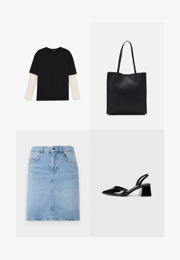 Tricou negru din bumbac, cu mâneci scurte, peste un strat alb cu mâneci lungi, având un model texturat subtil. Design cu guler rotund.; Fustă din denim de culoare albastru deschis, cu croială dreaptă, are buzunare frontale și închidere cu nasture. Finisaj texturat cu o ușoară decolorare.; Pantofi cu toc slingback din piele lacuită neagră, cu vârf ascuțit și toc geometric. Prezintă un design elegant, minimalist și o textură netedă.; Geantă tote neagră din piele, cu textură netedă, formă rectangulară și două mânere lungi. Fără hardware vizibil sau ornamente.