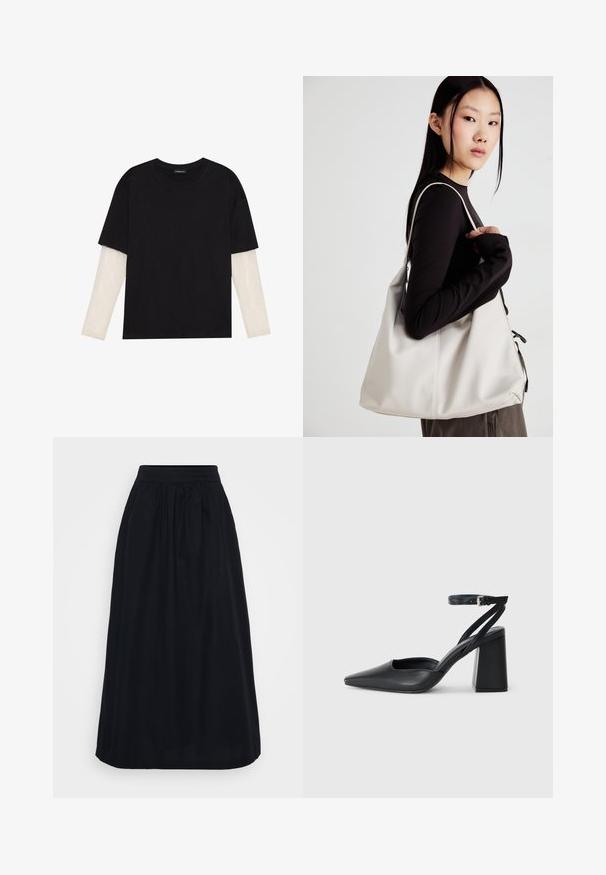 Juodas medvilninis marškinėliai su trumpomis rankovėmis, virš baltos ilgo rankovio sluoksnio, turinčio subtilų tekstūrinį raštą. Apvalus iškirpimas.; Juoda iki kelių sijonas, pagamintas iš glotnaus audinio, su susiraukšlėjęs juosmeniu ir laisvai krentanti siluetu. Nėra matomų raštų ar akcentų.; Juoda odinė smailiagalė aukštakulnio bateliai su kulkšnies dirželiu ir storu kulnu. Lygus paviršius, elegantiškas dizainas ir minimalistiška estetinė. ; Bežinė rankinė, pagaminta iš minkštos medžiagos, turinti laisvą dizainą, siuvinėtas detalės ir dvi petnešos. Tinkama kasdieniam naudojimui.