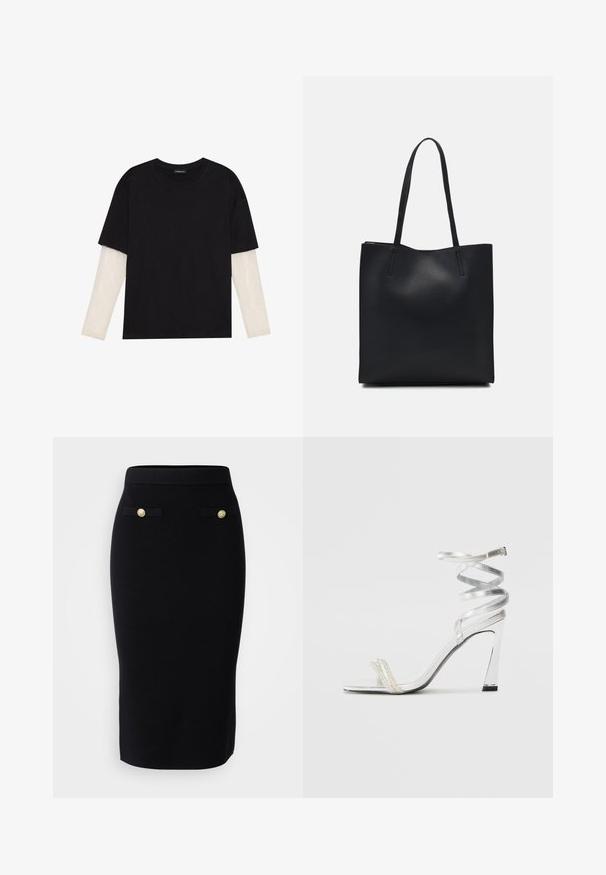 Mustmust särk, mis on valmistatud puuvillast, lühikeste varrukatega, valge pika varrukaga kihi peal, millel on peene tekstuuriga muster. Ümar kaelus.; Vero Moda Tall VMSABA LENGHT SKIRT - Pliiatsseelik - black; Hõbedased kõrge kontsaga sandaalid läikiva rihma disainiga, millel on pärlilaadne aktsent ja keerduv pahkluu rihm turvaliseks sobivuseks.; Mustast nahast kott sujuva tekstuuriga, ristkülikukujuline ja kahe pika sangaga. Pole nähtavat riistvara ega kaunistusi.