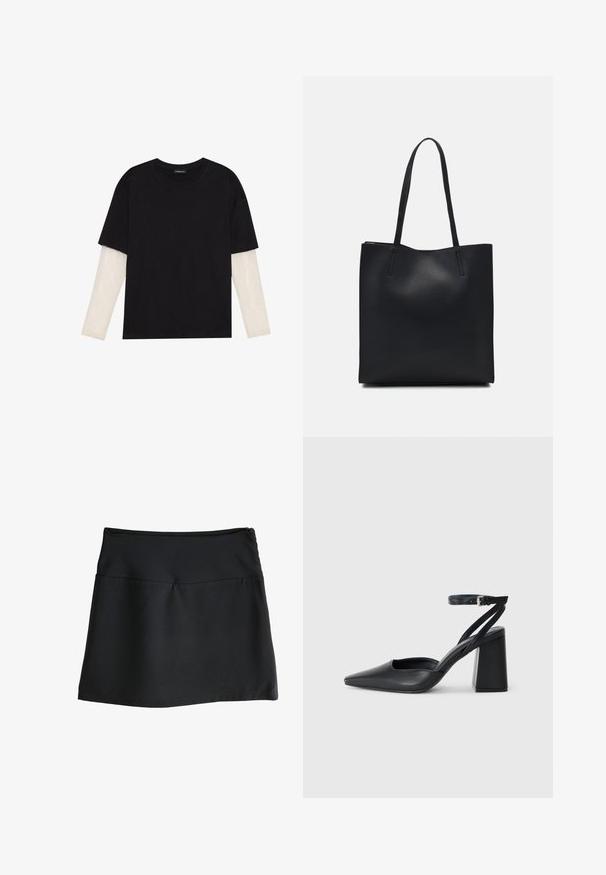 Črna majica iz bombaža s kratkimi rokavi, ki pokriva belo dolgi rokav z subtilnim teksturiranim vzorcem. Oblika izrezanega vratu.; Črna krilo z gladko teksturo, dolžine do kolen in preprostim, elastičnim pasom. Ima diskretno zadrgo na hrbtu.; Črne usnjene klasične čevlje z ostrim nosom, z zaponko za gleženj in debelim peto. Ravna tekstura, eleganten dizajn in minimalistična estetika.; Črna usnjena torba s svilnato teksturo, pravokotne oblike in dvema dolgima ročajema. Brez vidnih metalnih delov ali okrasnih elementov.