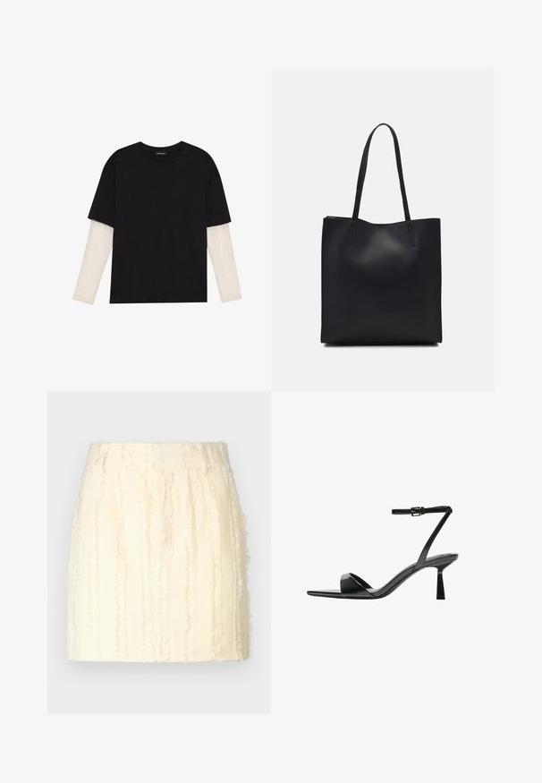 Sort T-shirt lavet af bomuld, med korte ærmer over et hvidt langærmet lag med et subtilt tekstureret mønster. Design med rund hals.; Cremefarvet nederdel med lodrette strukturerede striber, der har et frynset design og en skræddersyet talje. Stoffet ser blødt og let ud.; Bershka Højhælede sandaletter / Højhælede sandaler - black; Sort læder tote taske med glat tekstur, rektangulær form og to lange hanke. Ingen synlig hardware eller udsmykninger.