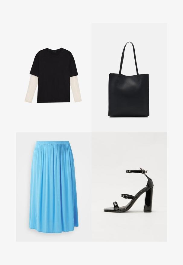 Tricou negru din bumbac, cu mâneci scurte, peste un strat alb cu mâneci lungi, având un model texturat subtil. Design cu guler rotund.; Fustă de lungime până la genunchi, de un albastru deschis, realizată dintr-un material plisat cu talie elastică, având un design vaporos și pliabil.; Sandale cu toc din patent negru, cu vârf pătrat, curele la gleznă și catarame din argint. Dispune de un toc gros pentru stabilitate.; Geantă tote neagră din piele, cu textură netedă, formă rectangulară și două mânere lungi. Fără hardware vizibil sau ornamente.