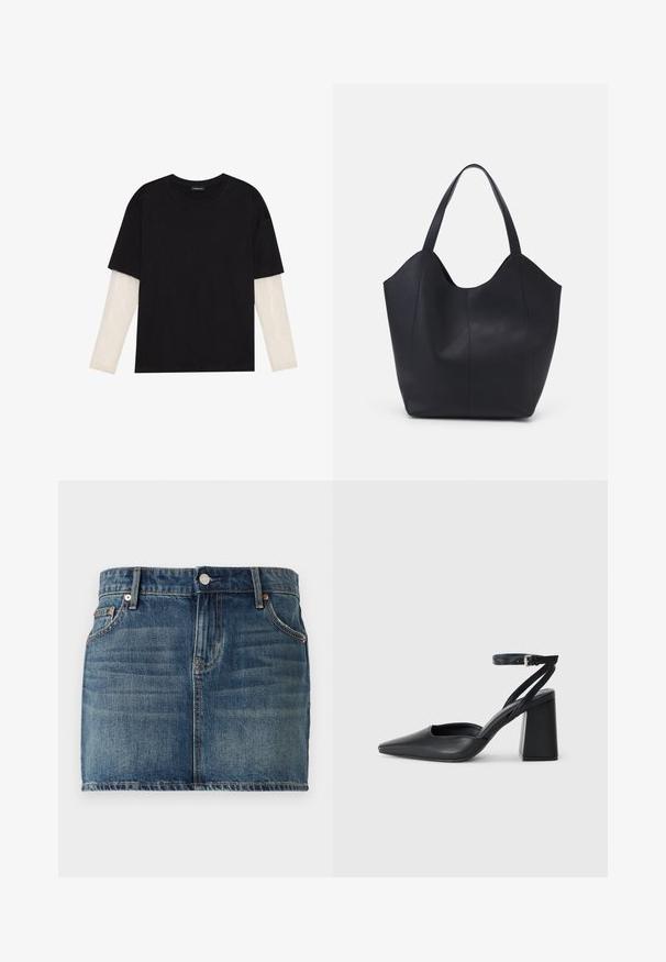 Zwarte T-shirt van katoen, met korte mouwen over een witte lange mouw laag met een subtiel textuurpatroon. Ronde hals ontwerp.; Denim minirok in donkergroen met een vijf-pocket ontwerp, een knopen sluiting en zichtbare stiksels. Soepele textuur met een lichte vervaging.; Zwarte leren puntige pump met een enkelbandje en een chunky hak. Vlakke textuur, strakke vormgeving en minimalistische esthetiek.; Zwarte tote tas van glad leer, met een gebogen, open bovenkant en twee schouderbanden, en een minimalistisch ontwerp.