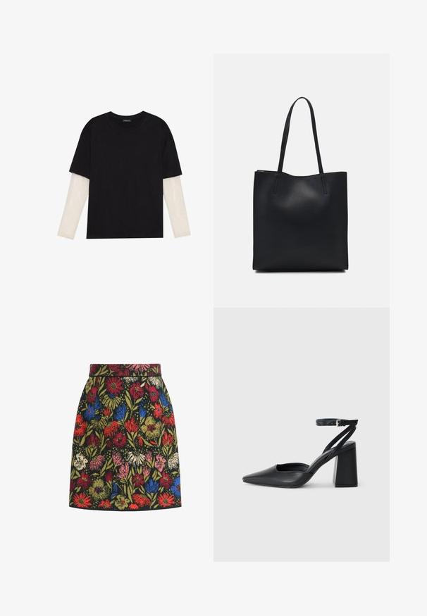 Černé tričko z bavlny s krátkým rukávem, pod kterým je bílá podvlékací halenka s dlouhým rukávem a jemným texturovaným vzorem. Design s kulatým výstřihem.; Sukně s květinovým vzorem na černém pozadí, barevné květiny v červené, modré, růžové a zelené barvě, s úzkým pasem a tvaru A.; Černé kožené lodičky se špičatou špičkou, kotníkovým páskem a silným podpatkem. Hladká textura, elegantní design a minimalistická estetika.; Černá kožená taška přes rameno s hladkým povrchem, obdélníkovým tvarem a dvěma dlouhými uchy. Žádné viditelné kování ani ozdoby.