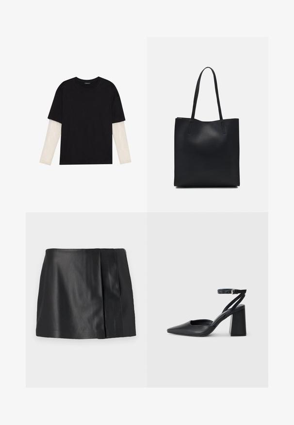 Čierne tričko z bavlny, s krátkymi rukávmi cez biele tričko s dlhým rukávom, s jemným textúrovaným vzorom. Design s okrúhlym výstrihom.; Čierna kožená mini sukňa so hladkým povrchom, jemným leskom a záhybovým dizajnom na jednej strane. Žiadne viditeľné zapínanie ani ozdoby.; Čierne kožené lodičky s špicatou špičkou a členkovým remienkom, s masívnym podpätkom. Hladký povrch, elegantný dizajn a minimalistická estetika.; Čierna kožená taška na rameno s hladkým povrchom, obdĺžnikovým tvarom a dvoma dlhými uchami. Bez viditeľného kovania alebo ozdôb.
