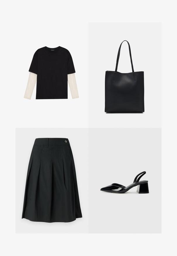 Juodas medvilninis marškinėliai su trumpomis rankovėmis, virš baltos ilgo rankovio sluoksnio, turinčio subtilų tekstūrinį raštą. Apvalus iškirpimas.; Juodas klostuotas sijonas, pagamintas iš lengvo audinio, su mygtuko uždarymu, sklandžiu paviršiumi ir A formos siluetu.; Juodos lakuotos odinės šlepetės su smailiu pirštu ir geometriniu bloko kulnu. Turi elegantišką, minimalistinį dizainą ir lygų paviršių.; Juodas odinis tote krepšys su lygia tekstūra, stačiakampio formos ir dviem ilgais rankenomis. Matomų metalinių detalių ar puošybos nėra.