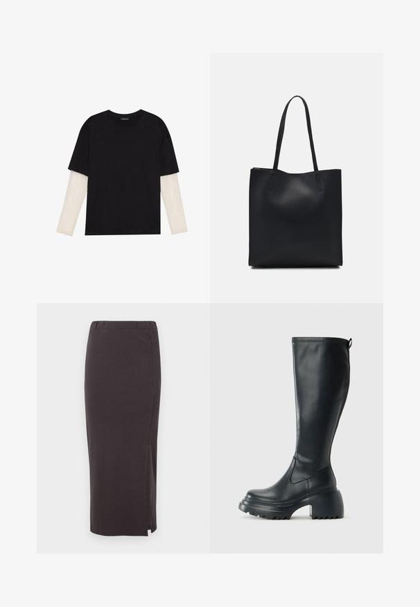 Melna kokvilnas T-kreklu ar īsām piedurknēm, virs baltas garām piedurknēm ar smalku teksturētu rakstu. Apaļas kakla izgriezuma dizains.; Garā, tumši pelēka stiepļu svārki ar elastīgu jostu, ar sānu izgriezumu, kas nodrošina vieglumu kustībās un gludu, mīkstu tekstūru.; Augstas melnas ādas zābakus ar masīvu platformu un bloka papēdi, ar vilkšanas cilpu un strukturētu profilu uz ārējā zoles.; Melnas ādas somiņa ar gludu tekstūru, taisnstūra formu un divām garām rokturiem. Nav redzamu aparatūras vai rotājumu.