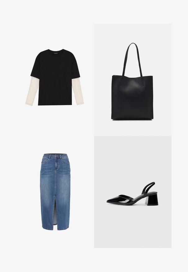 Mustmust särk, mis on valmistatud puuvillast, lühikeste varrukatega, valge pika varrukaga kihi peal, millel on peene tekstuuriga muster. Ümar kaelus.; Denim seelik eesmist lõhet, keskmise pikkusega, heledast kuni keskmise sinisest pesust. Omab viit taskut ja vööd koos vööloopidega.; Mustad musta lakknahk kingad, millel on terav varvas ja geomeetriline plokkkonts. Omab elegantselt minimalistlikku disaini ja sujuvat tekstuuri.; Mustast nahast kott sujuva tekstuuriga, ristkülikukujuline ja kahe pika sangaga. Pole nähtavat riistvara ega kaunistusi.