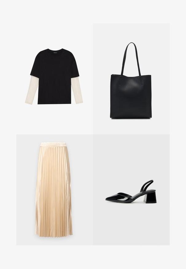 Black T-shirt made of cotton, featuring short sleeves over a white long-sleeve layer with a subtle textured pattern. Crew neckline design.; Pleated midi skirt in light beige satin, featuring an elastic waistband and smooth texture, with vertical stripes enhancing its design.; Black patent leather slingback heels with a pointed toe and a geometric block heel. Features a sleek, minimal design and smooth texture.; Black leather tote bag with smooth texture, rectangular shape, and two long handles. No visible hardware or embellishments.