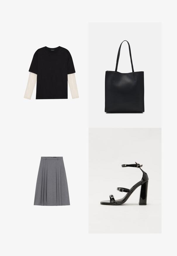 Schwarzes T-Shirt aus Baumwolle mit kurzen Ärmeln über einer weißen Langarmschicht, die ein dezentes strukturiertes Muster aufweist. Rundhalsausschnitt.; Caroll ROCK JASPER - A-Linien-Rock - gris fonce; Schwarze patentierte Sandalen mit Absatz, quadratischer Spitze, Knöchelriemen und silbernen Schnallen. Mit einem stabilen Blockabsatz für mehr Stabilität.; Schwarze Laptoptasche aus Leder mit glatter Textur, rechteckiger Form und zwei langen Griffen. Keine sichtbaren Beschläge oder Verzierungen.