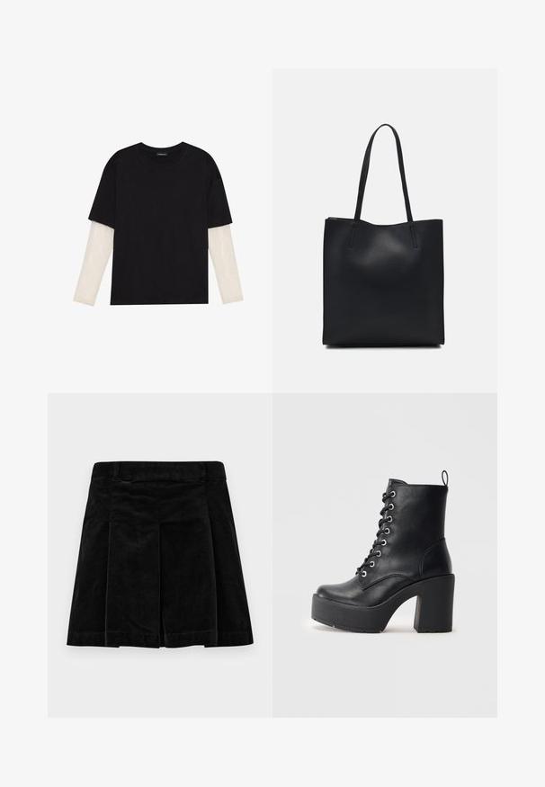 T-shirt preta de algodão, com mangas curtas sobre uma camada de mangas longas branca com um padrão texturizado subtil. Design de decote redondo.; Saias de veludo cotelê pretas com um design pregueado, apresentando um corte reto, superfície texturizada e uma cintura para um ajuste seguro.; Botim de pele preta até ao tornozelo com um salto bloco chunky, frente com atacadores e superfície texturizada. Apresenta uma lingueta na parte de trás para um uso fácil.; Bolsa tote preta em couro com textura lisa, forma retangular e duas alças longas. Sem hardware ou enfeites visíveis.