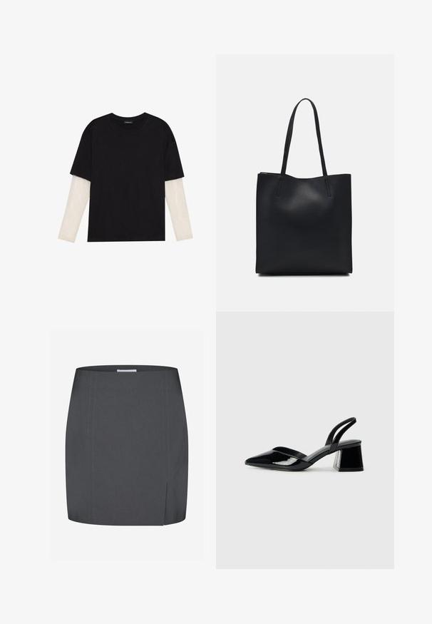 Svart t-shirt i bomull, med korta ärmar över ett vitt långärmat lager med en subtil texturdesign. Rundad halsringning.; Envii SPLIT - Pennkjol - grey; Svarta lackläder slingback klackar med spetsig tå och geometrisk klack. Har en elegant, minimalistisk design och slät yta.; Svart lädertoffelväska med slät textur, rektangulär form och två långa handtag. Ingen synlig hårdvara eller dekorationer.