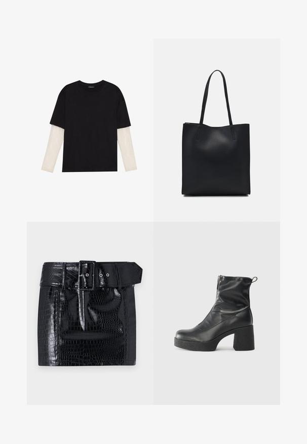 T-shirt preta de algodão, com mangas curtas sobre uma camada de mangas longas branca com um padrão texturizado subtil. Design de decote redondo.; Mini saia em faux leather preta com padrão de crocodilo, cinto largo com fivela quadrada e detalhe de botão de pressão na cintura.; Botas de tornozelo pretas feitas de couro liso, com fecho lateral, salto grosso texturizado e design de bico arredondado.; Bolsa tote preta em couro com textura lisa, forma retangular e duas alças longas. Sem hardware ou enfeites visíveis.