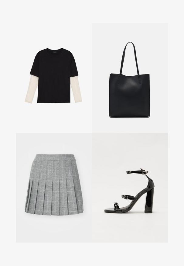 Black T-shirt made of cotton, featuring short sleeves over a white long-sleeve layer with a subtle textured pattern. Crew neckline design.; Grey plaid pleated skirt with a structured waistband, featuring a checkered pattern in dark and light hues. Smooth texture, knee-length design.; Black patent heeled sandals with a square toe, ankle straps, and silver buckles. Features a chunky block heel for stability.; Black leather tote bag with smooth texture, rectangular shape, and two long handles. No visible hardware or embellishments.