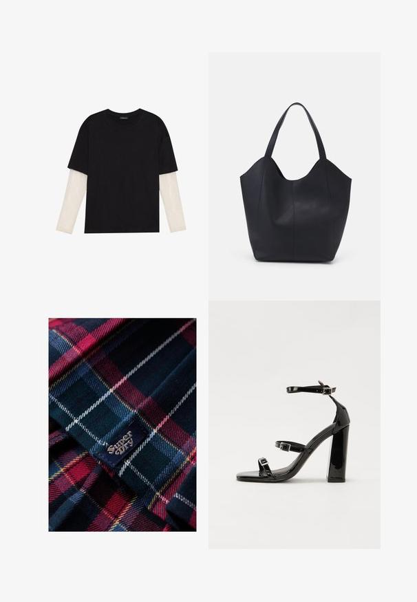 Zwarte T-shirt van katoen, met korte mouwen over een witte lange mouw laag met een subtiel textuurpatroon. Ronde hals ontwerp.; Superdry & Co CHECK - Plooirok - blue red check; Zwarte gepatenteerde sandalen met hak en een vierkante neus, enkelbandjes en zilveren gespen. Heeft een stevige blokhak voor stabiliteit.; Zwarte tote tas van glad leer, met een gebogen, open bovenkant en twee schouderbanden, en een minimalistisch ontwerp.