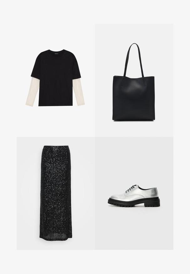 Tricou negru din bumbac, cu mâneci scurte, peste un strat alb cu mâneci lungi, având un model texturat subtil. Design cu guler rotund.; Fustă maxi cu paiete negre, cu o siluetă ajustată, având o textură netedă și un design de lungime la podea, evidențiind embellishments reflective.; Pantofi oxford din piele argintie, cu vârf rotund, talpă din cauciuc negru și șireturi negre. Prezintă detalii minime de coasere pe părțile laterale.; Geantă tote neagră din piele, cu textură netedă, formă rectangulară și două mânere lungi. Fără hardware vizibil sau ornamente.
