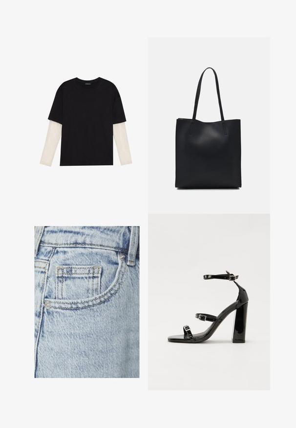 T-shirt preta de algodão, com mangas curtas sobre uma camada de mangas longas branca com um padrão texturizado subtil. Design de decote redondo.; Jeans de ganga azul claro com um pequeno bolso traseiro com costura visível e um rebite metálico, exibindo uma textura ligeiramente desbotada.; Sandálias de tacão preto laqueadas com bico quadrado, tiras para o tornozelo e fivelas prateadas. Apresentam um salto bloco chunky para estabilidade.; Bolsa tote preta em couro com textura lisa, forma retangular e duas alças longas. Sem hardware ou enfeites visíveis.