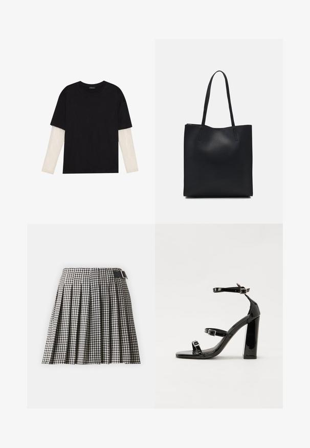Črna majica iz bombaža s kratkimi rokavi, ki pokriva belo dolgi rokav z subtilnim teksturiranim vzorcem. Oblika izrezanega vratu.; Črno-bela karo plisirana krila z ravnim pasom, ki ima črni pas s srebrno zaponko. Narejena iz lahkega materiala.; Črne lakirane sandale s peto, kvadratnim prstom, trakovi okrog gležnja in srebrnimi zaponkami. Opremljene so s stabilno Debelo peto.; Črna usnjena torba s svilnato teksturo, pravokotne oblike in dvema dolgima ročajema. Brez vidnih metalnih delov ali okrasnih elementov.