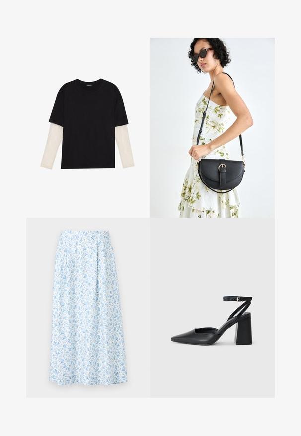 T-shirt nera in cotone con maniche corte sopra un sotto manica lunga bianca, caratterizzata da una sottile texture. Design con scollo rotondo.; Gonna midi floreale in bianco e azzurro, con vita arricciata, silhouette svasata e delicato motivo floreale blu su tutta la superficie.; Pump in pelle nera con punta affusolata, cinturino alla caviglia e tacco spesso. Texture piatta, design elegante ed estetica minimalista.; Borsa a tracolla nera in pelle con una forma curva, manico rimovibile e accessori dorati. La borsa presenta una patta con un dettaglio a fibbia.