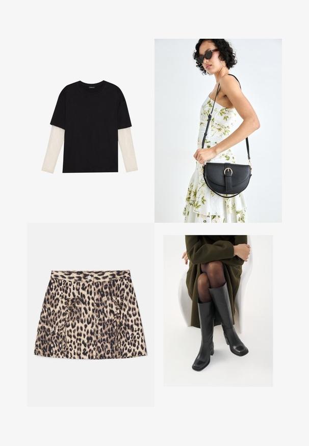 T-shirt noir en coton, avec des manches courtes sur une couche à manches longues blanche avec un motif texturé subtil. Col rond.; Jupe en denim imprimé léopard avec taille haute, fermeture à boutons sur le devant et deux poches latérales avec détails à cordon.; Bottes en cuir noires arrivant au genou, avec un bout carré et un talon carré, présentées sur un modèle assis dans un manteau vert olive. Texture lisse, détails minimaux.; Sac à main en cuir noir avec une forme courbée, bandoulière amovible et des accessoires en or. Le sac est doté d'un rabat avec un détail de boucle.