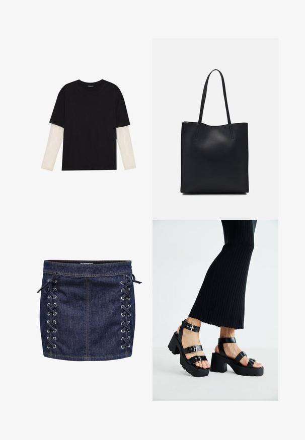 Juodas medvilninis marškinėliai su trumpomis rankovėmis, virš baltos ilgo rankovio sluoksnio, turinčio subtilų tekstūrinį raštą. Apvalus iškirpimas.; Tamsiai mėlynas džinsinis mini sijonas su šoninėmis nėrimo detalėmis ir sidabriniais aklais. Išsiskiria lygiu paviršiumi ir kontrastingu siuvinėjimu.; Juodos platformos sandalai su storais, gilių rašto padais ir keliais dirželiais, su metaliniais sagtelėmis ir glotnia oda primenančia tekstūra.; Juodas odinis tote krepšys su lygia tekstūra, stačiakampio formos ir dviem ilgais rankenomis. Matomų metalinių detalių ar puošybos nėra.