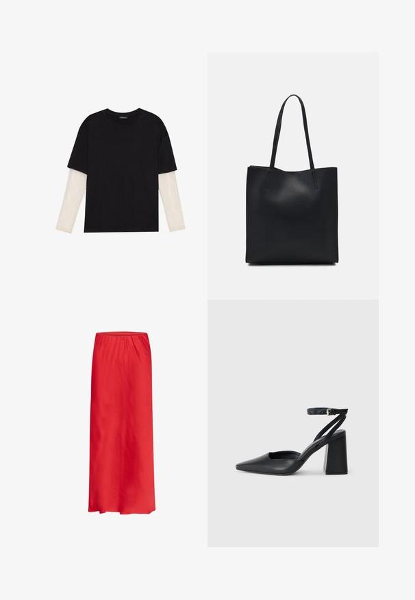 Black T-shirt made of cotton, featuring short sleeves over a white long-sleeve layer with a subtle textured pattern. Crew neckline design.; Red maxi skirt made of lightweight fabric, featuring an elasticated waistband and a smooth, flowing design. No patterns or embellishments.; Black leather pointy-toe pump with an ankle strap and a chunky heel. Flat texture, sleek design, and minimalistic aesthetics.; Black leather tote bag with smooth texture, rectangular shape, and two long handles. No visible hardware or embellishments.