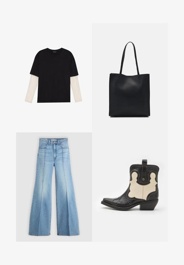 Fekete pamut póló, rövid ujjal, fehér hosszú ujjú réteg fölött, finom textúrával. Kerek nyakkivágású dizájn.; Világoskék, magas derekú farmernadrág széles lábakkal, elülső és hátsó zsebekkel, övbújtatókkal, és függőleges varráselemekkel az elején.; Fekete és krémszínű bőr cowboy csizma fehér varrással, hegyes orral, ívelt mintákkal és rövid, rétegelt sarokkal. Hátsó húzószíjjal.; Fekete bőrtáska sima felszínnel, téglalap alakú, két hosszú füllel. Nincs látható fémkiegészítő vagy díszítés.