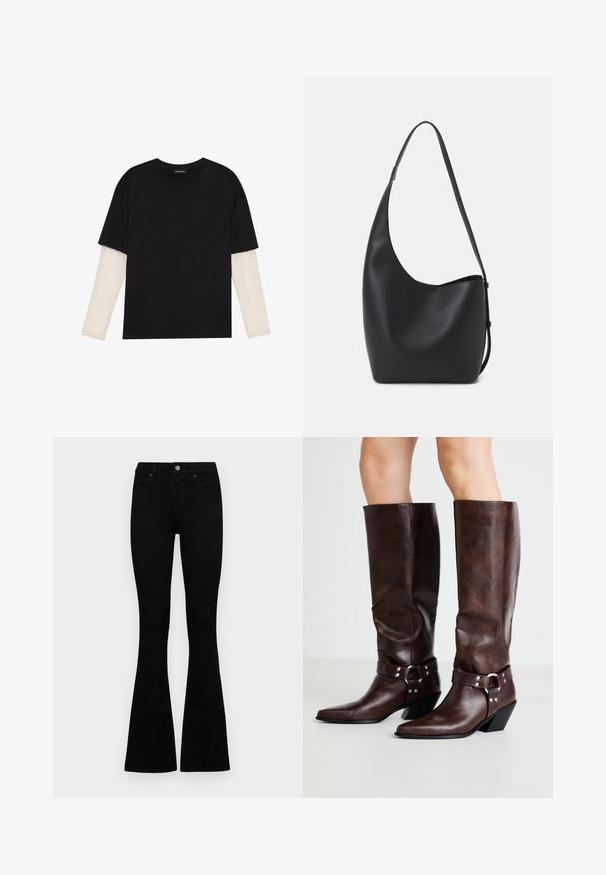 Black T-shirt made of cotton, featuring short sleeves over a white long-sleeve layer with a subtle textured pattern. Crew neckline design.; Black flared jeans made of denim. Features a button closure, five pockets, and a smooth texture. The flared leg starts below the knee.; RAID NEVIS - Cowboy/Biker boots - brown; Black leather hobo bag with a smooth texture, curved shape, and single adjustable strap; features a wide opening at the top.
