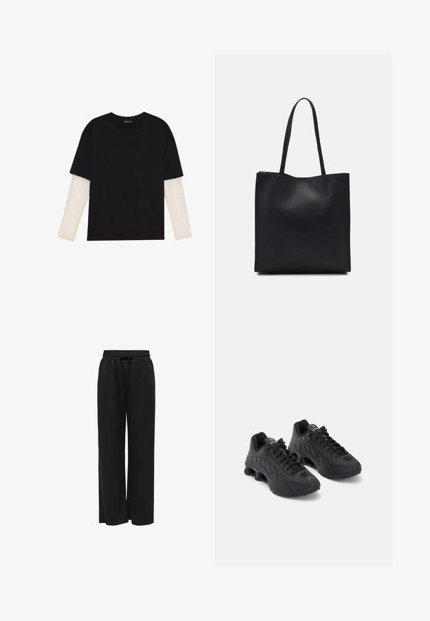 Crni majica od pamuka, s kratkim rukavima preko bijele dugorukave slojevite s suptilnim teksturiranim uzorkom. Dizajn s okruglim izrezom.; Crne široke hlače izrađene od mekog materijala, s rastezljivim pojasom s vezicom za prilagodbu. Bez uzoraka ili ukrasa.; Crne atletske cipele s glatkim sintetičkim gornjištem, teksturiranim detaljima, vezanjem i vidljivim opružnim amortizerom na peti.; Crna kožna torba za nošenje s glatkom teksturom, pravokutnim oblikom i dvije duge ručke. Nema vidljivih metalnih dijelova ili ukrasa.