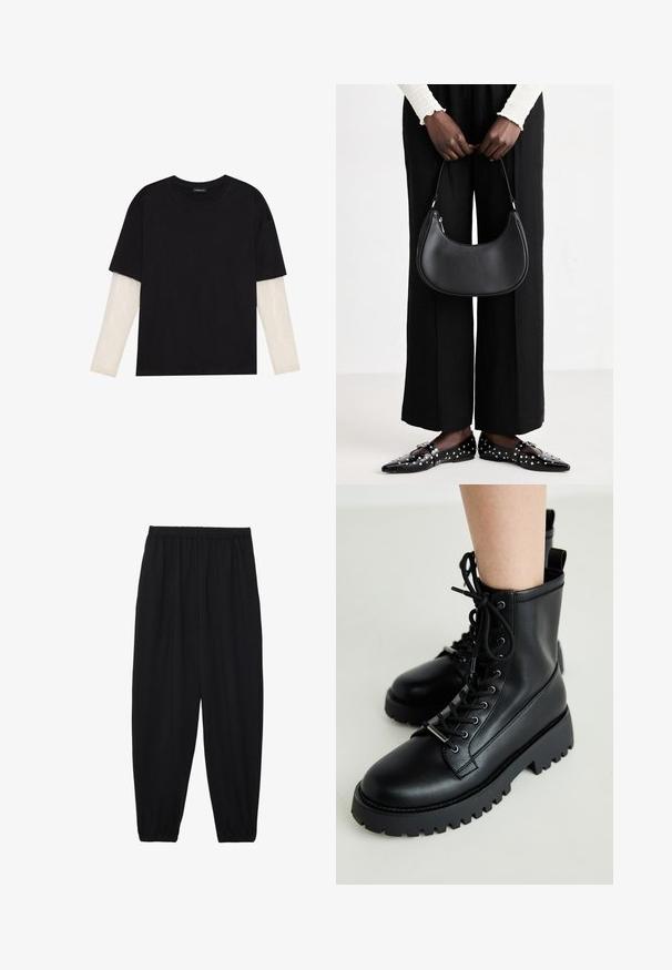 Black T-shirt made of cotton, featuring short sleeves over a white long-sleeve layer with a subtle textured pattern. Crew neckline design.; Black, lightweight pants with an elastic waistband and gathered ankles. The fabric is smooth and features a relaxed, tapered design.; Black lace-up ankle boots made of smooth leather. Chunky rubber outsole with deep treads. Features a loop at the heel for easy wear.; Black leather shoulder bag with a rounded shape, glossy finish, and silver hardware. Person wearing black wide-leg pants and studded loafers.
